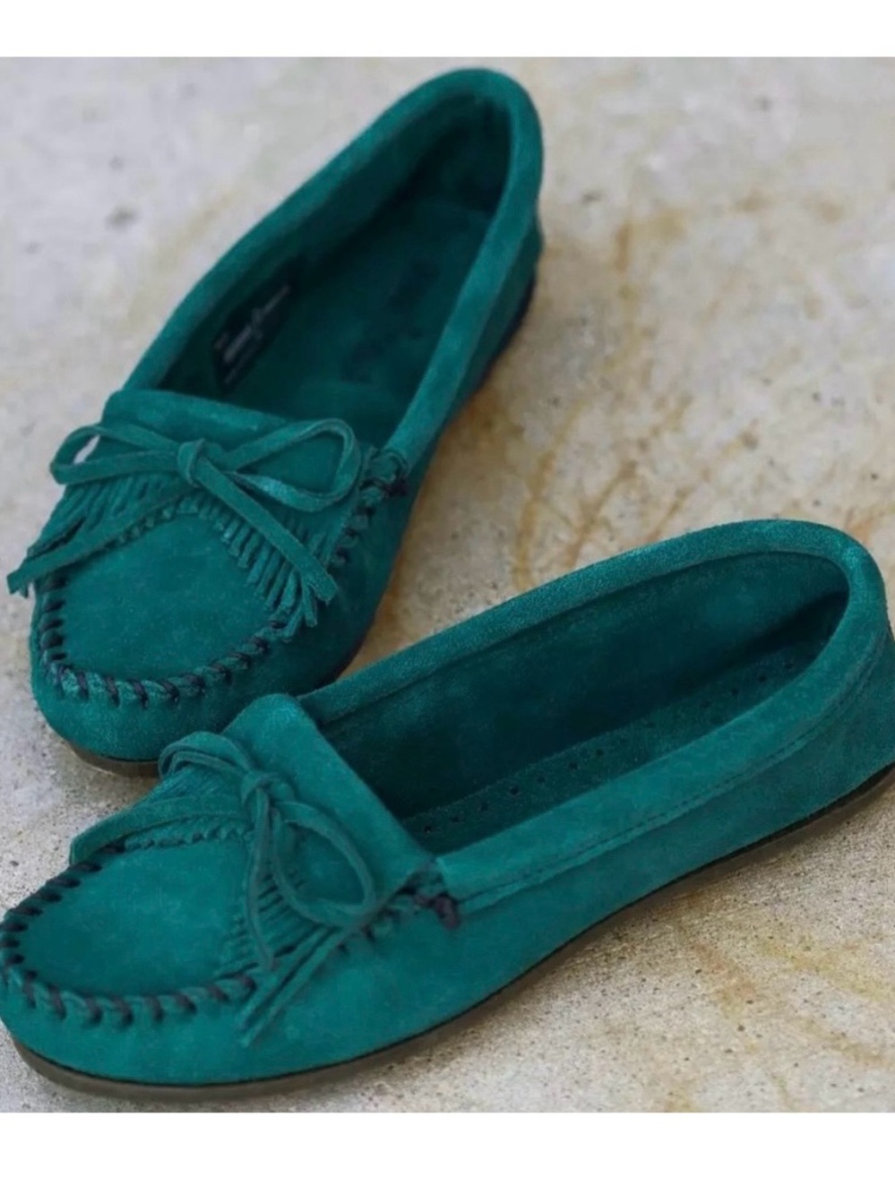 MINNETONKA Suede Forest Green Moccasin Loafers with Bow and Fringe